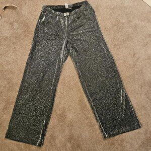 VICTORIA’S SECRET Black Metallic Silver Wide Leg Lounge Pants, SZ L, NWT